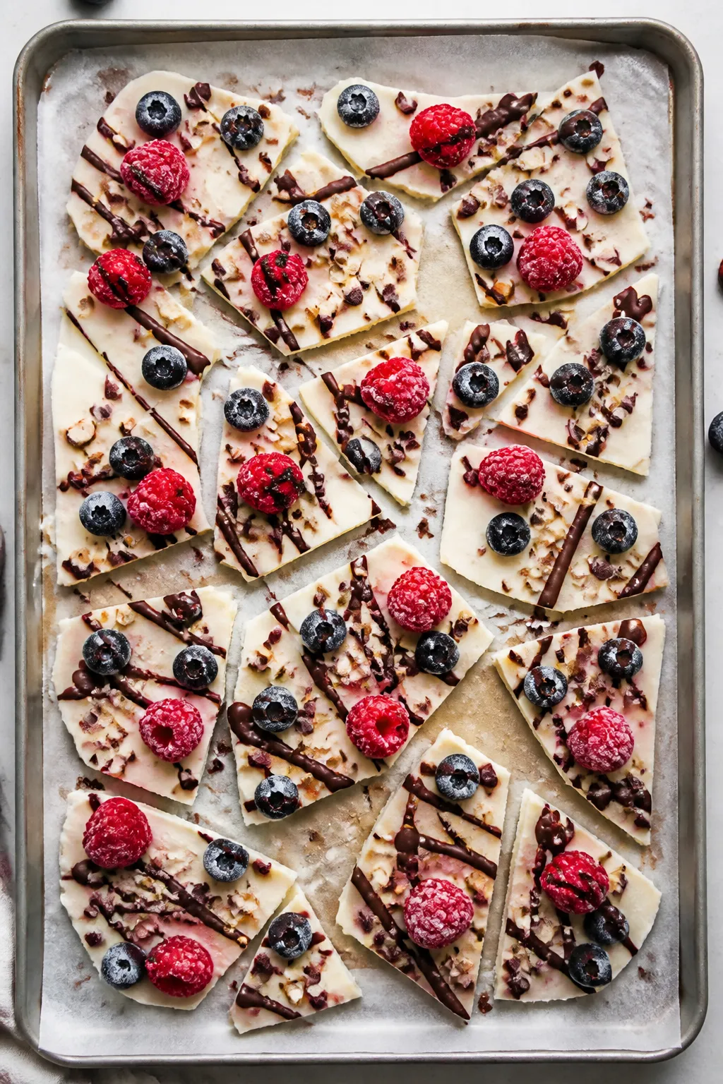Overhead shot of cottage cheese protein bark just out of the freezer on a parchment-lined rimmed bak