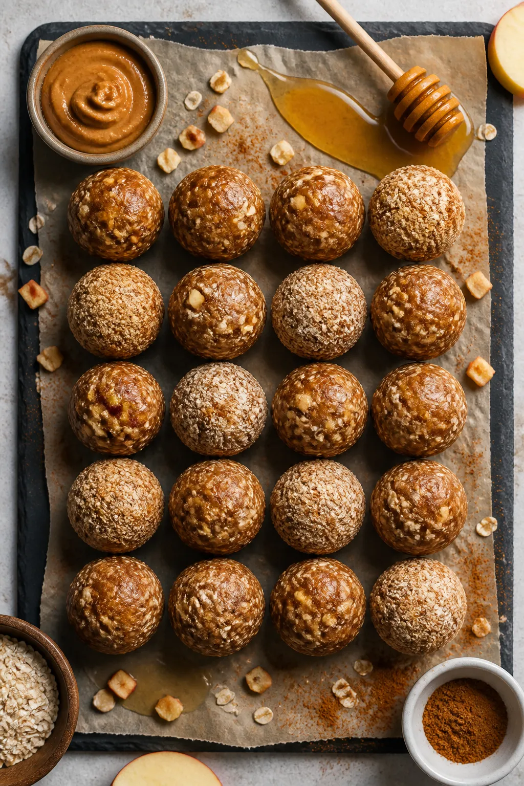 Overhead shot of finished Apple Cinnamon Protein Balls arranged in a tight grid on a parchment-lined