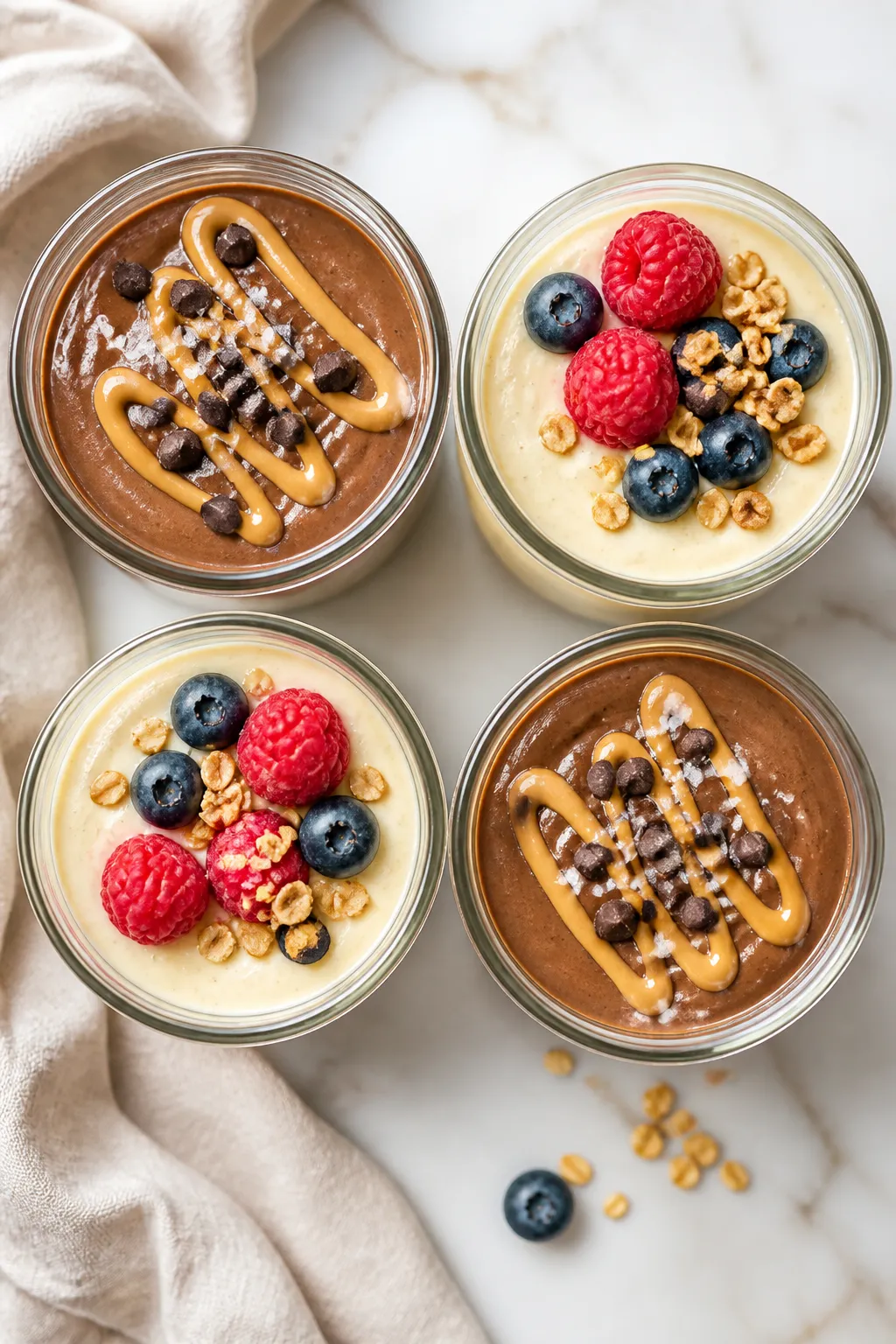 Overhead shot of four High Protein Pudding Cups after chilling, portioned in small glass jars with l
