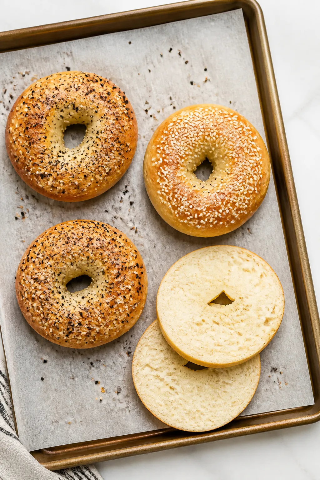 Overhead shot of freshly baked 2-ingredient cottage cheese bagels on a parchment-lined baking sheet,