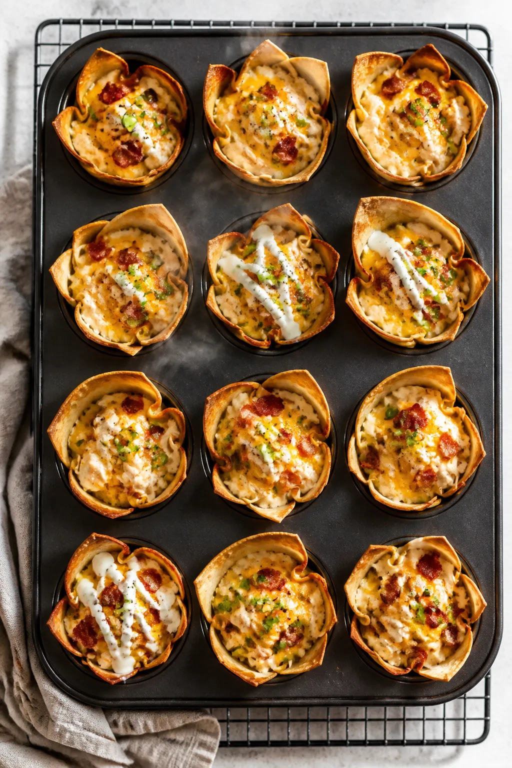 Overhead shot of freshly baked Chicken Bacon Ranch Snack Cups nestled in a dark nonstick muffin tin 