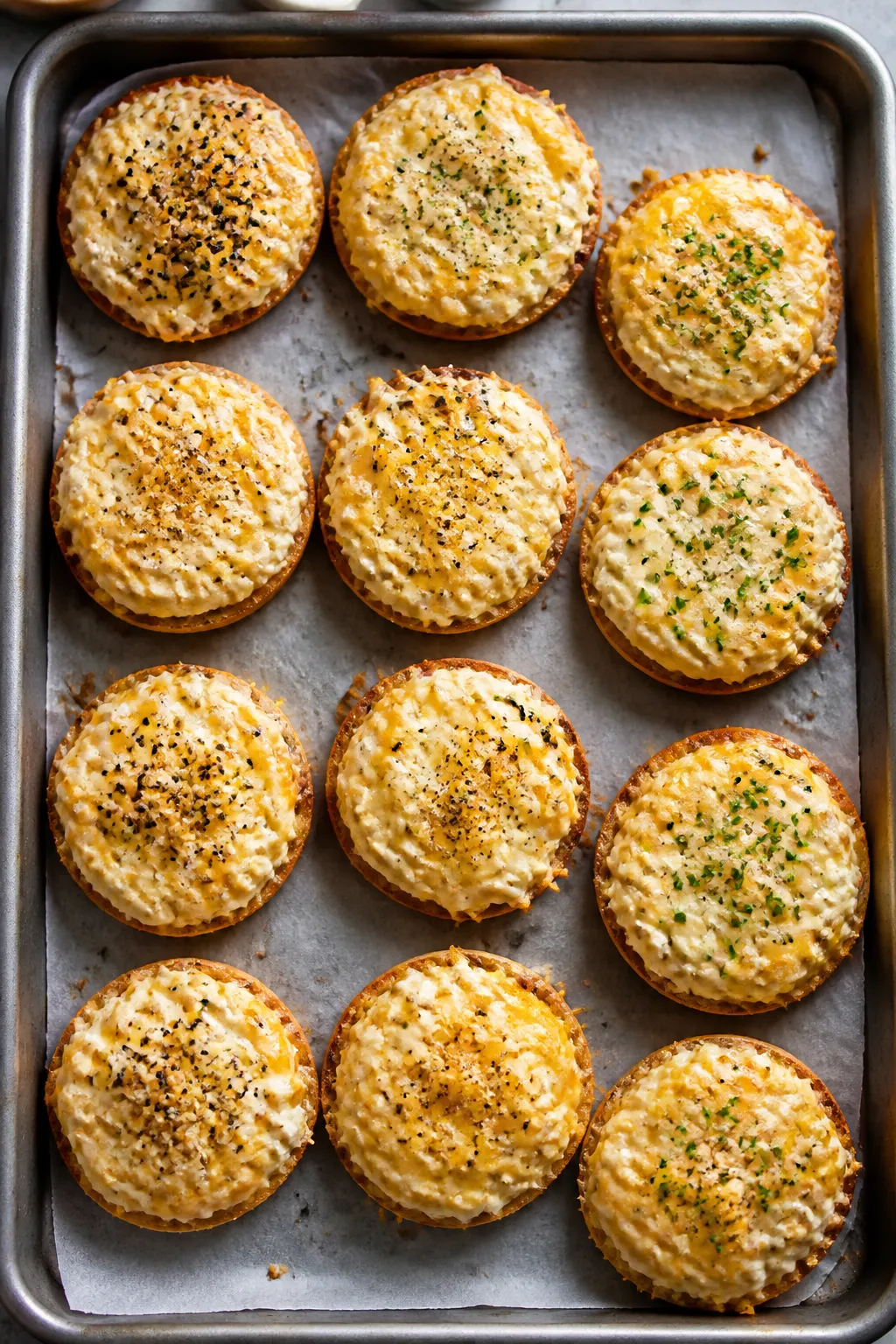 Overhead shot of freshly baked cottage cheese bagel bites on a parchment-lined sheet pan just out of