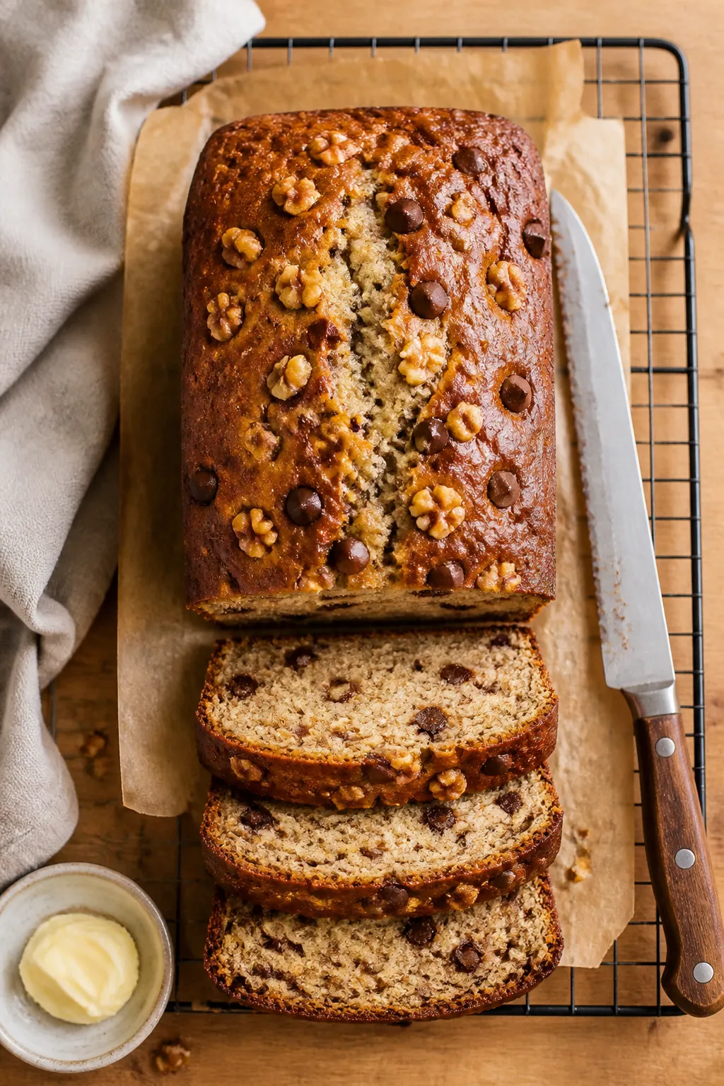Overhead shot of freshly baked Cottage Cheese Banana Bread just out of the loaf pan, on a parchment 