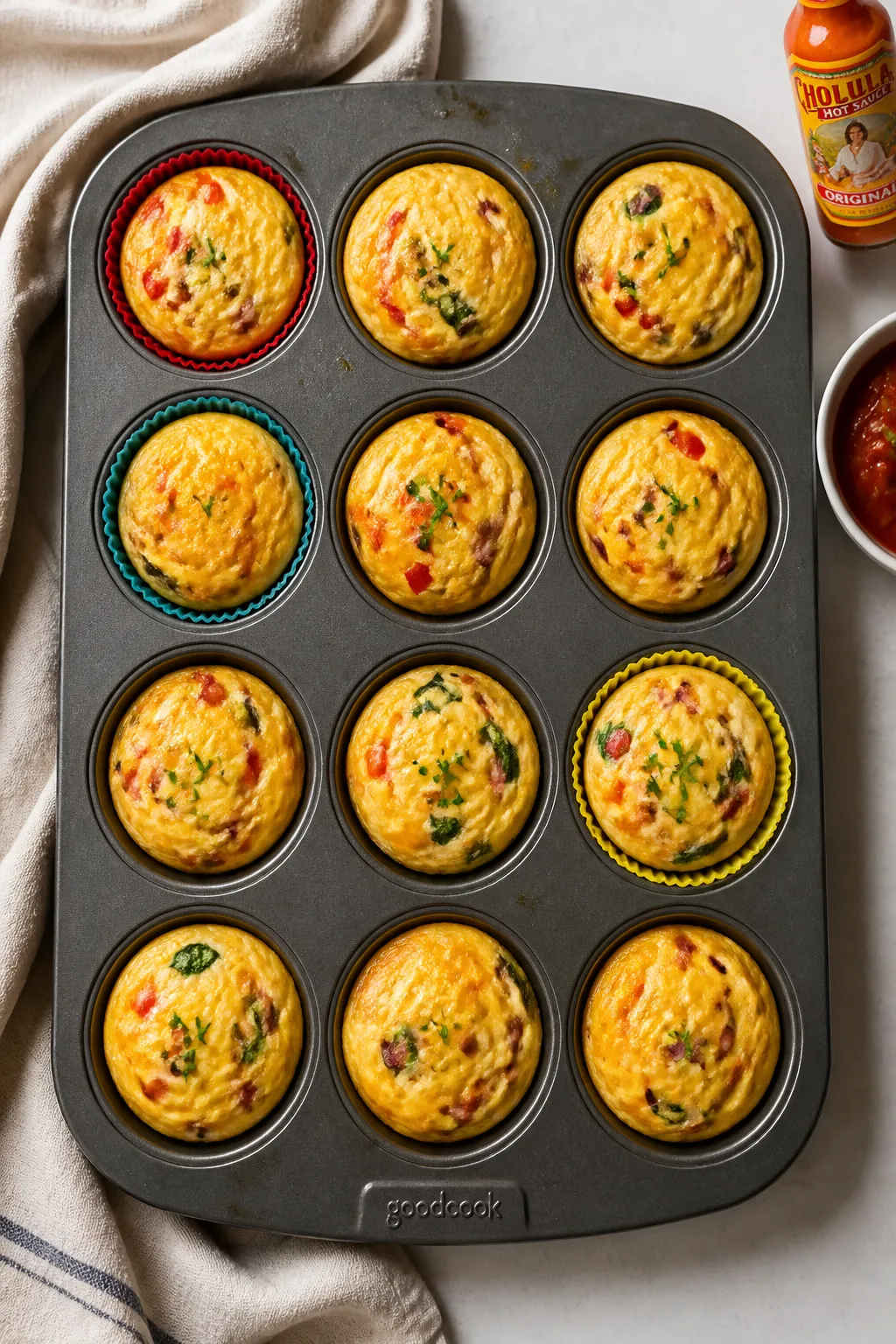 Overhead shot of freshly baked cottage cheese egg muffins in a 12-cup nonstick muffin tin just out o