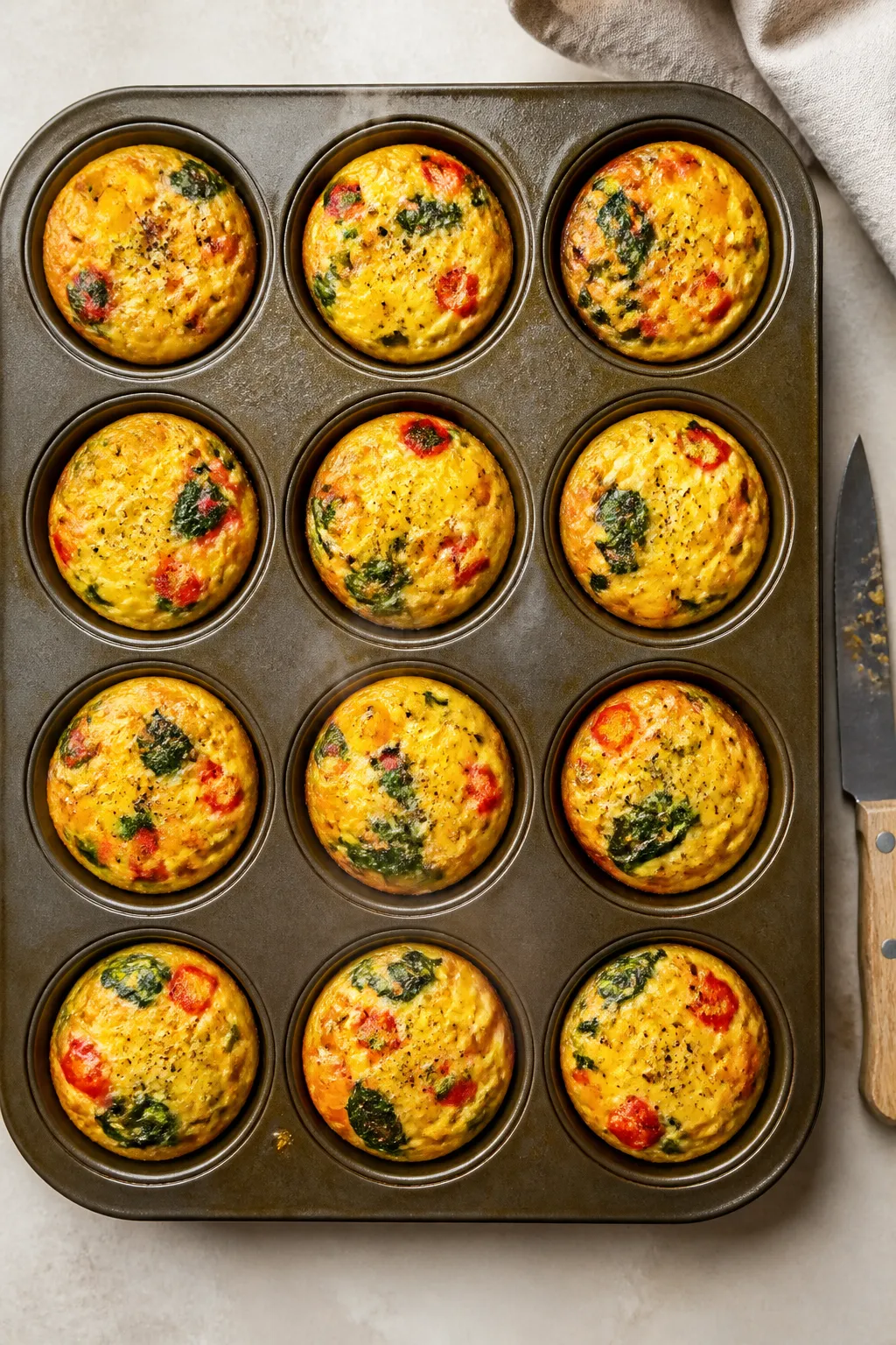 Overhead shot of freshly baked cottage cheese egg muffins cooling in a well-greased 12-cup muffin pa