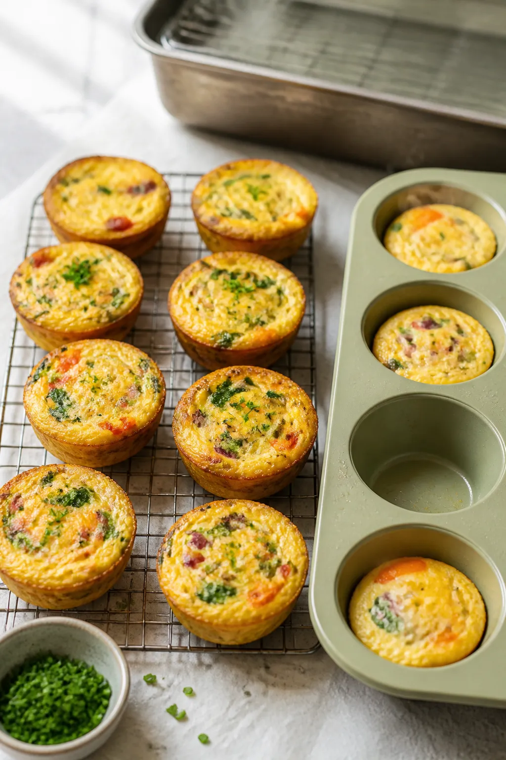 Overhead shot of freshly baked cottage cheese egg bites cooling on a wire rack next to a silicone mu