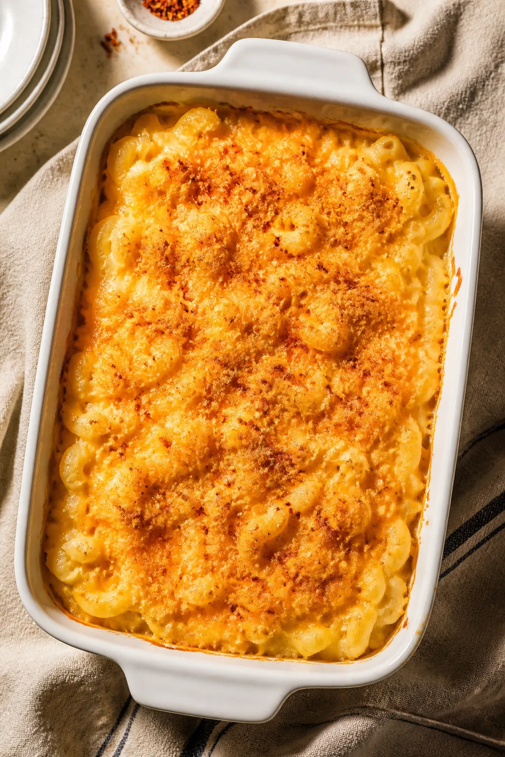 Overhead shot of freshly baked cottage cheese mac and cheese just out of the oven in a 9x13 white ce
