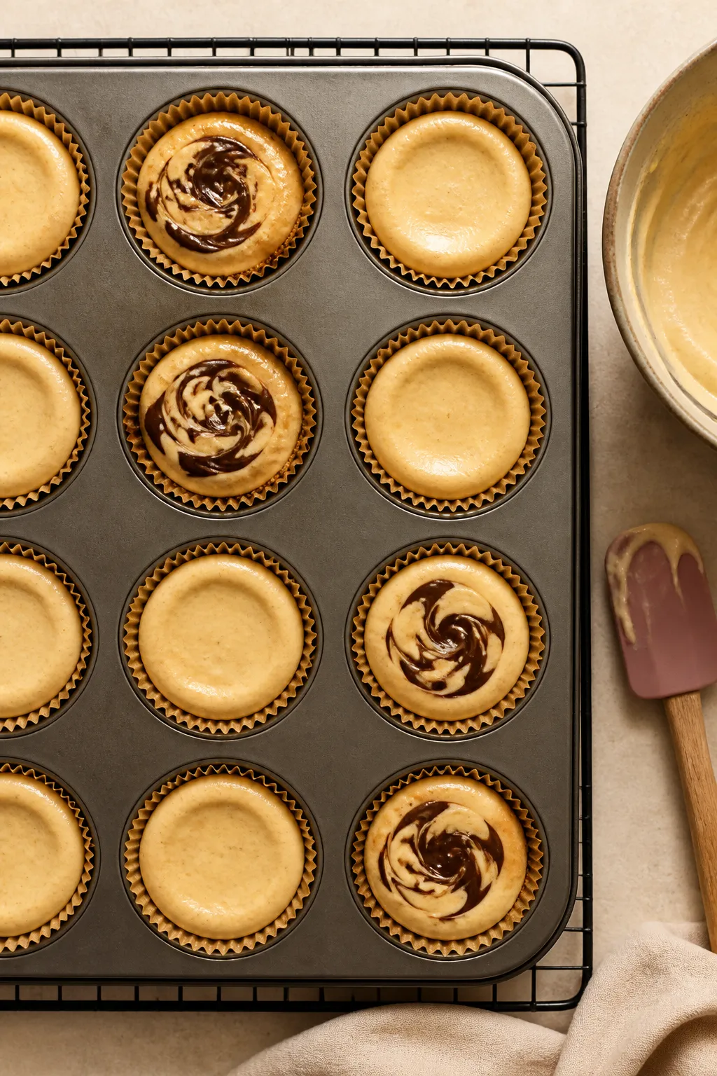 Overhead shot of freshly baked cottage cheese peanut butter cheesecake cups still in the muffin tin 