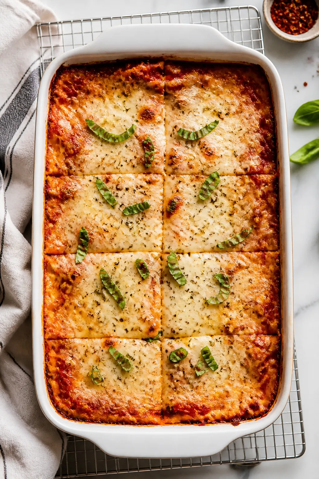 Overhead shot of freshly baked Cottage Cheese Protein Lasagna just out of the oven, foil removed, to