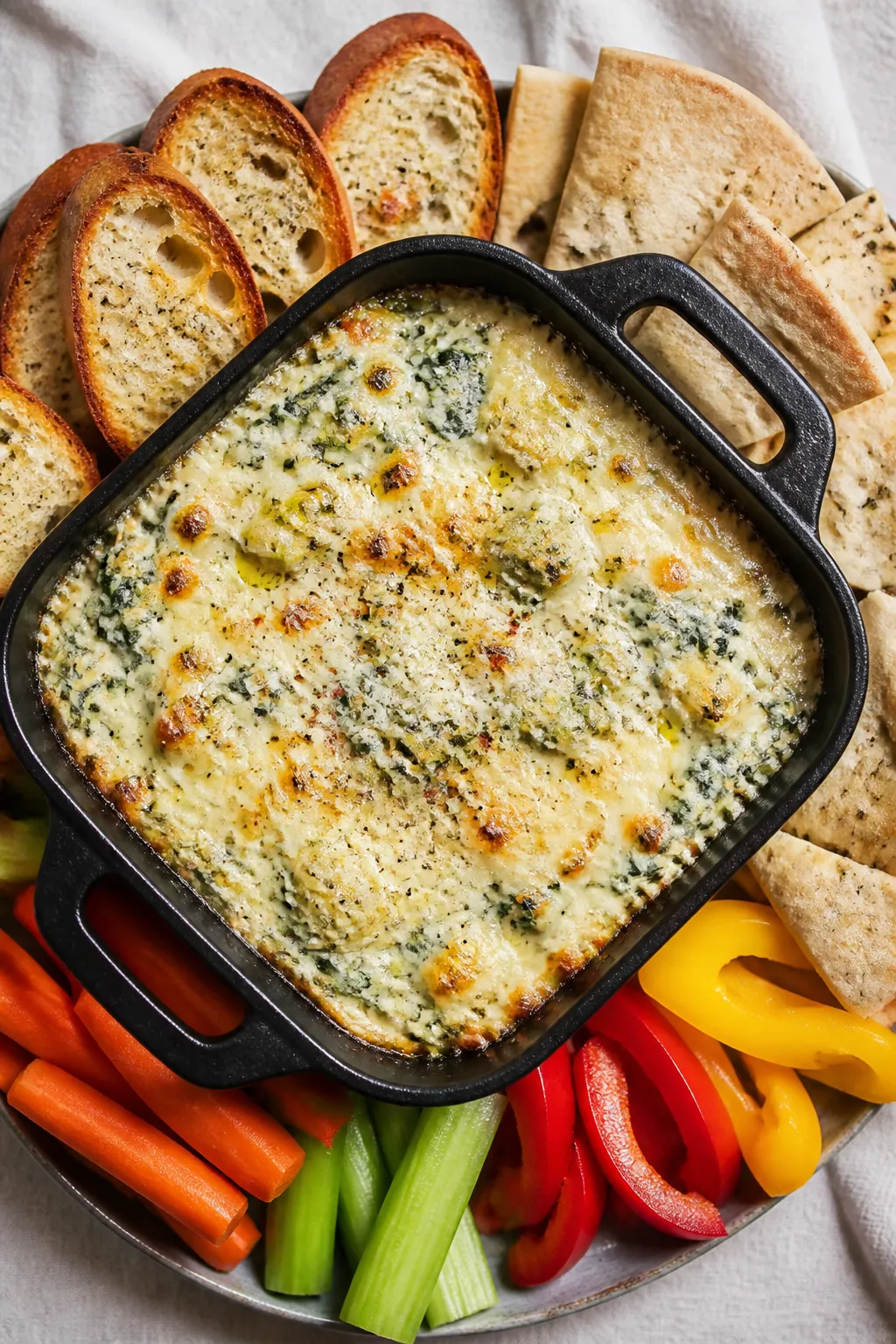 Overhead shot of freshly baked Cottage Cheese Spinach Artichoke Dip in an 8x8 oven-safe skillet, top