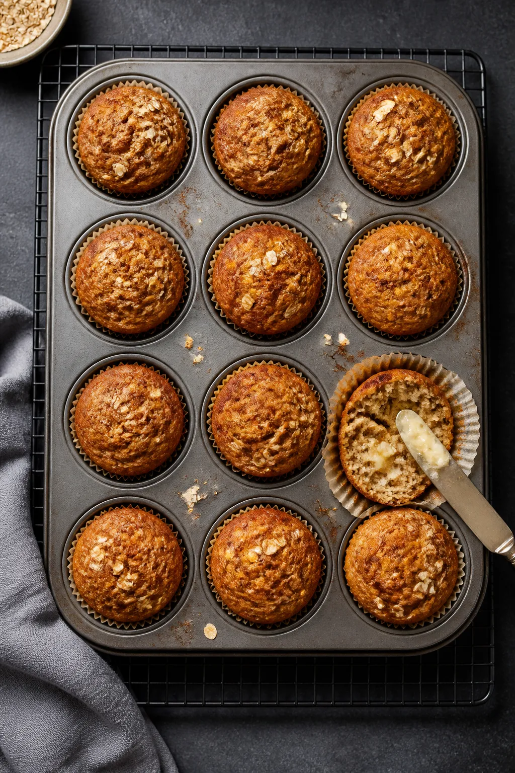 Overhead shot of freshly baked high-protein banana bread muffins cooling in a 12-cup muffin tin on a