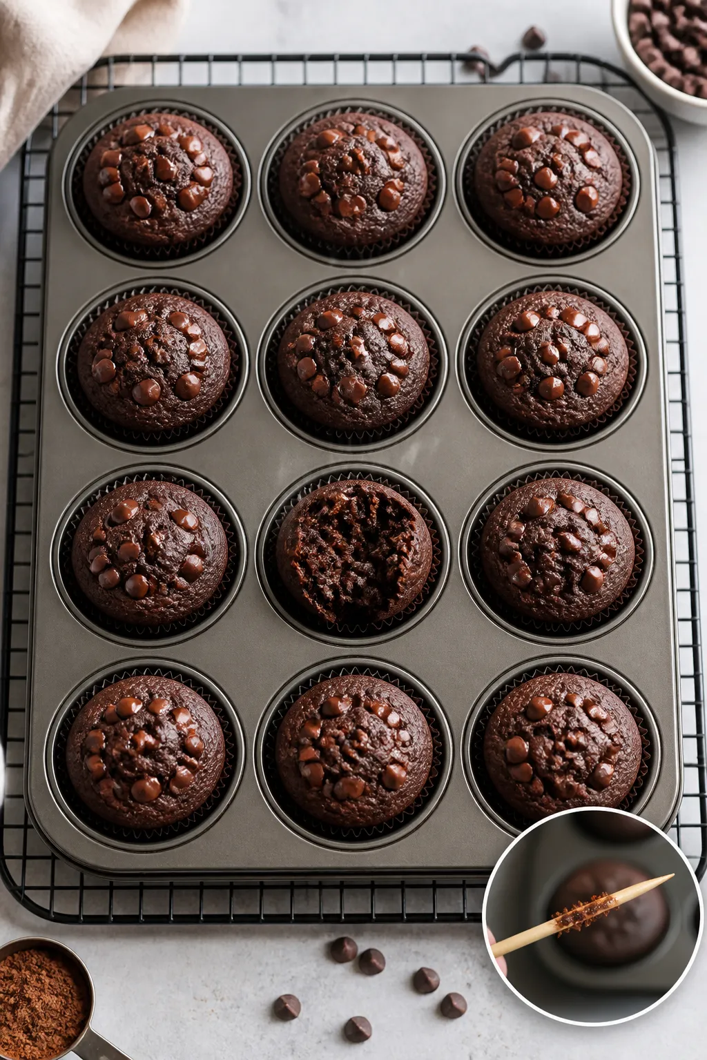 Overhead shot of freshly baked High Protein Chocolate Protein Muffins cooling in a 12-cup tin on a w
