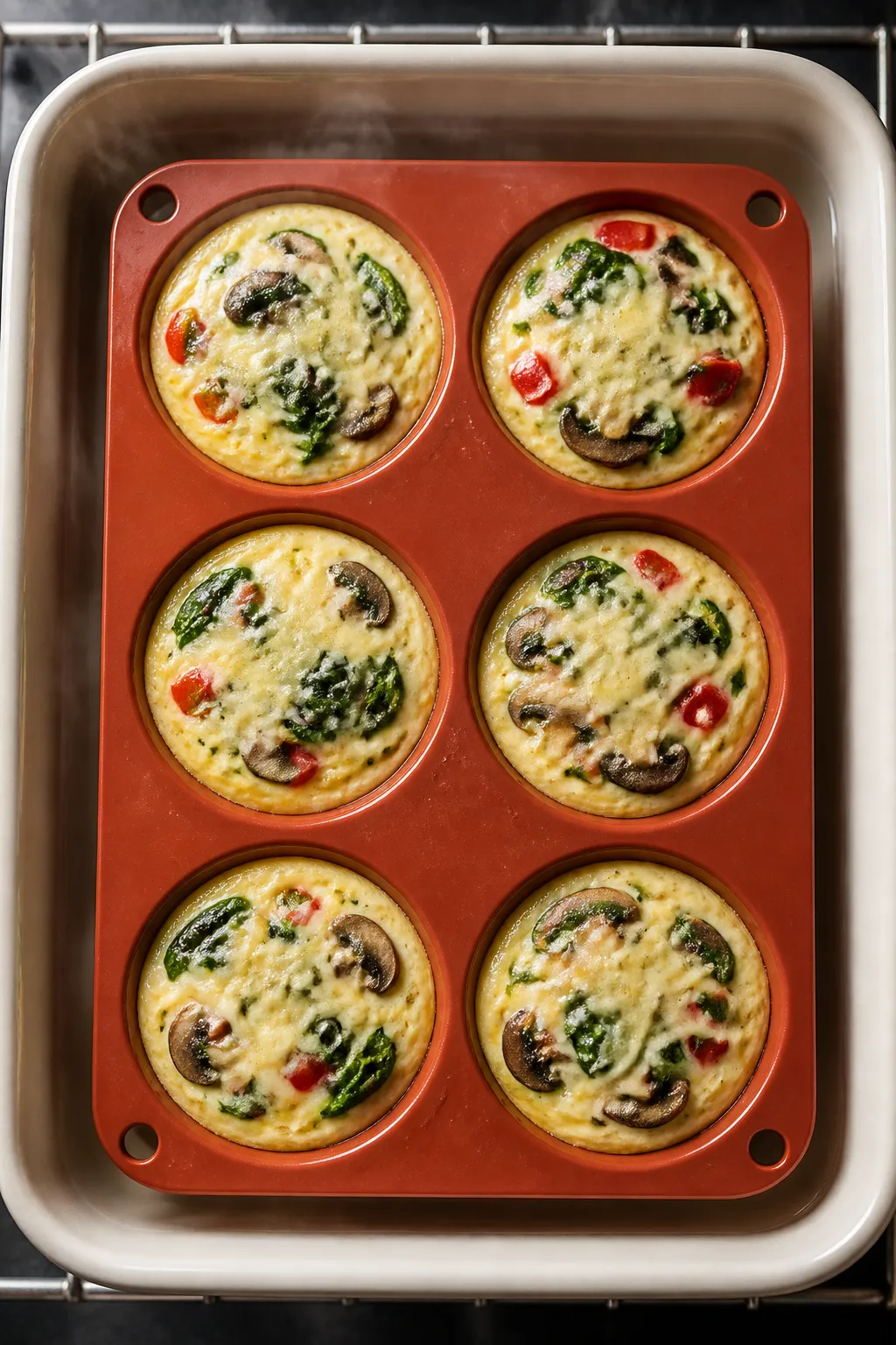 Overhead shot of freshly baked high-protein egg bites just out of the oven, still in a silicone muff
