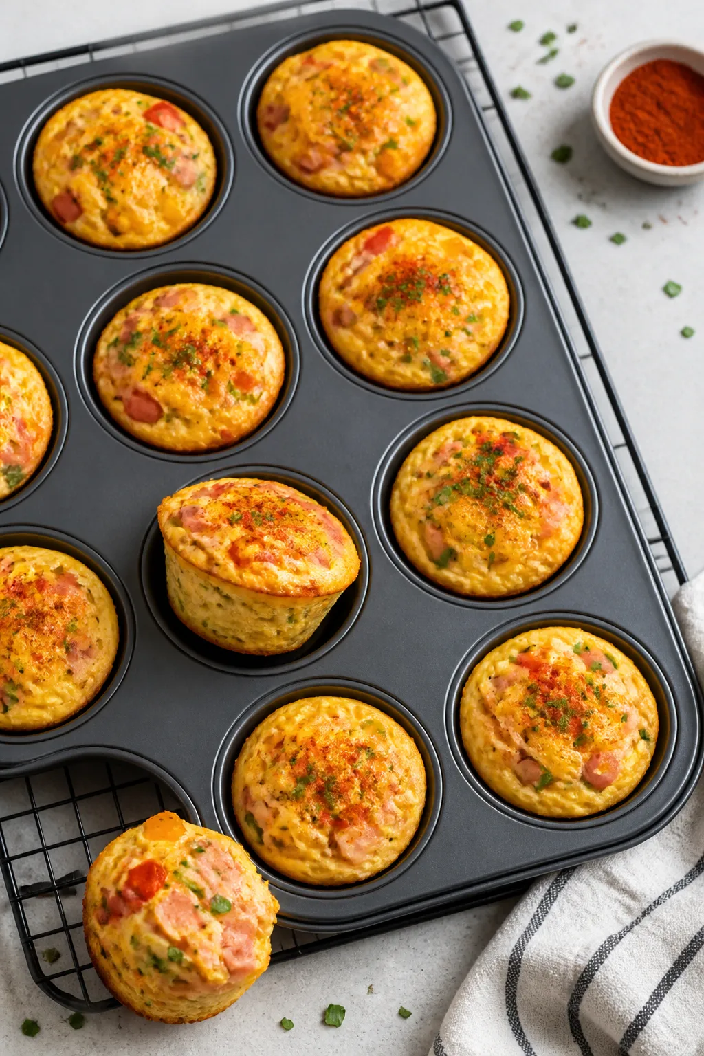 Overhead shot of freshly baked High Protein Ham Egg Muffins cooling in a 12-cup nonstick muffin tin 