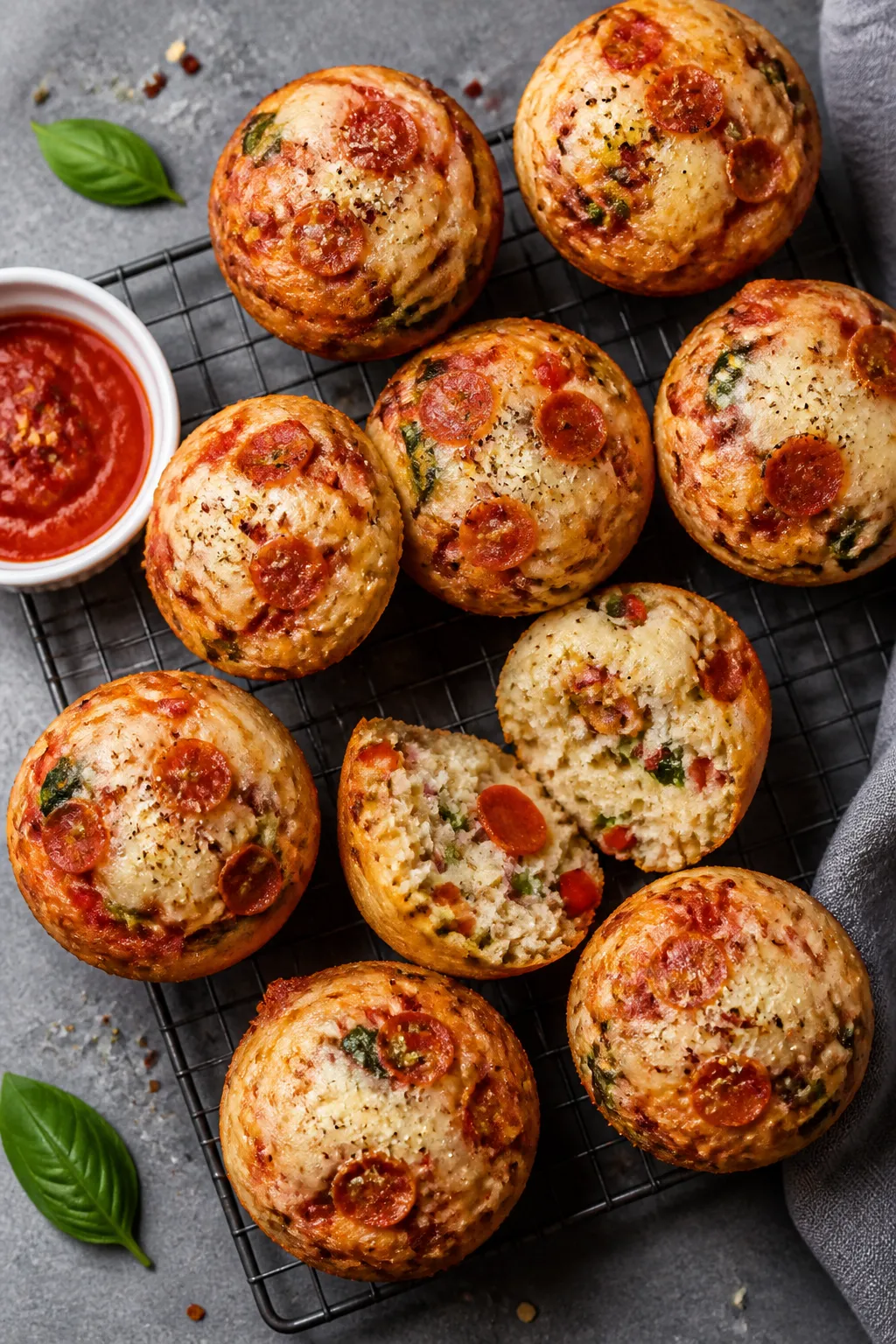 Overhead shot of freshly baked High Protein Pizza Muffins cooling on a wire rack, golden tops with m