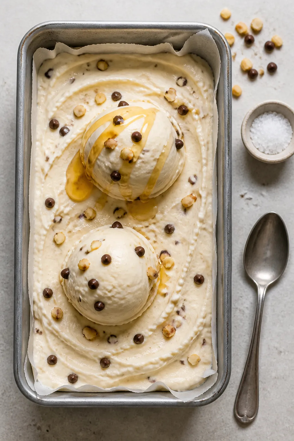 Overhead shot of freshly churn-free, scoopable High-Protein Cottage Cheese Ice Cream just out of the