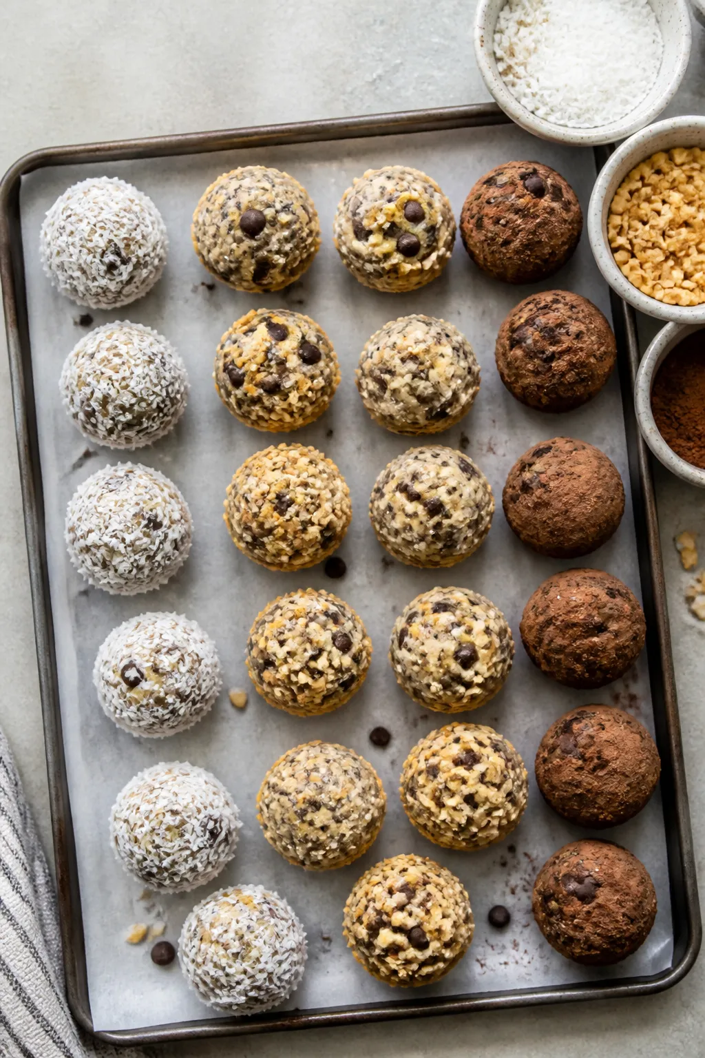 Overhead shot of freshly rolled Greek yogurt protein bites arranged on a parchment-lined tray after