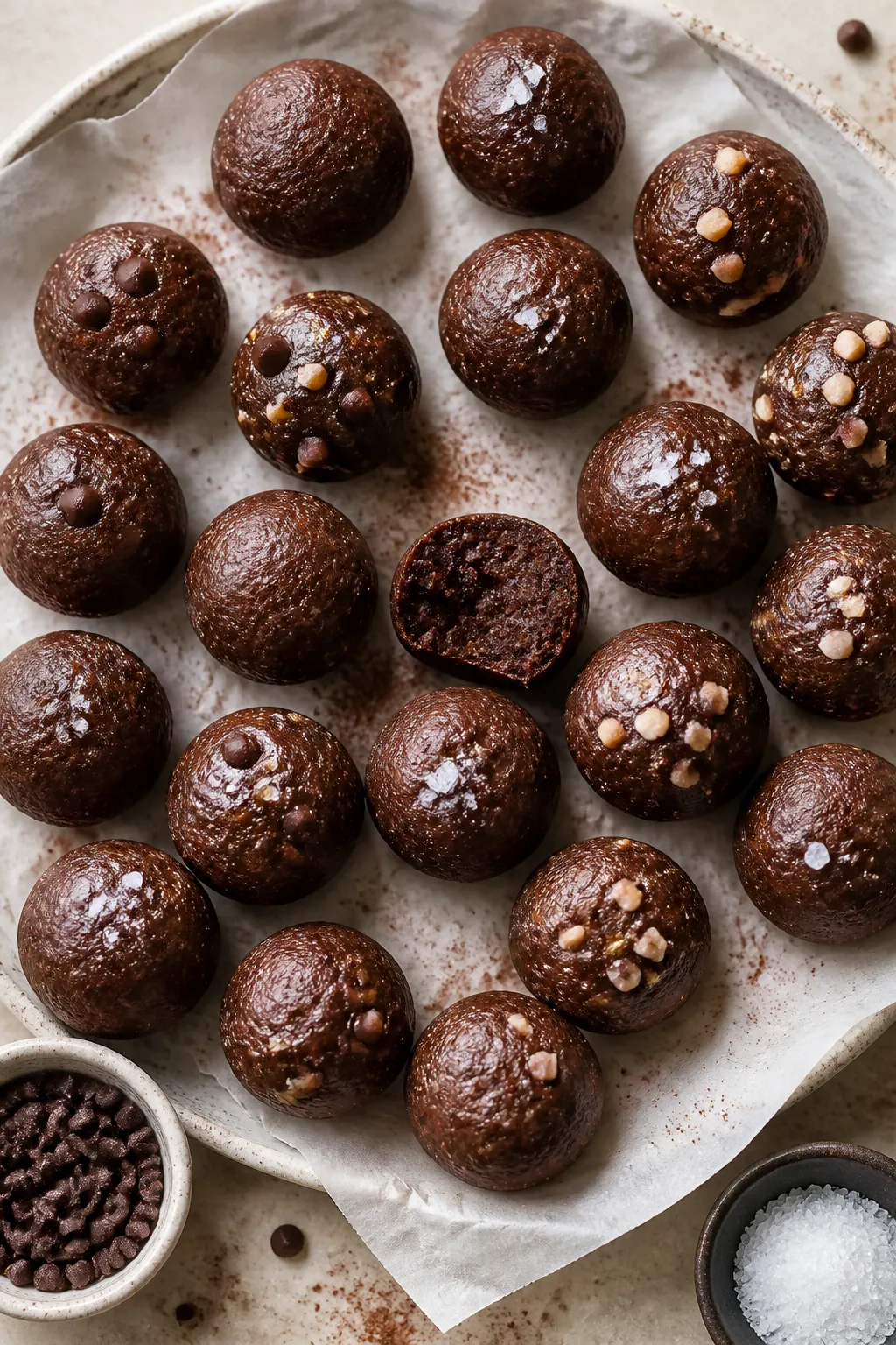 Overhead shot of freshly rolled High Protein Brownie Batter Protein Balls arranged in tight rows on