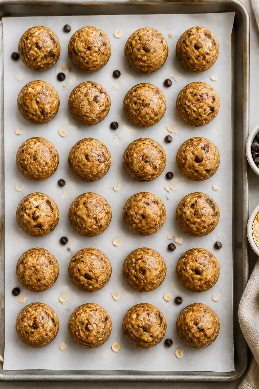Overhead shot of freshly rolled High Protein Peanut Butter Energy Balls set on a parchment-lined tra