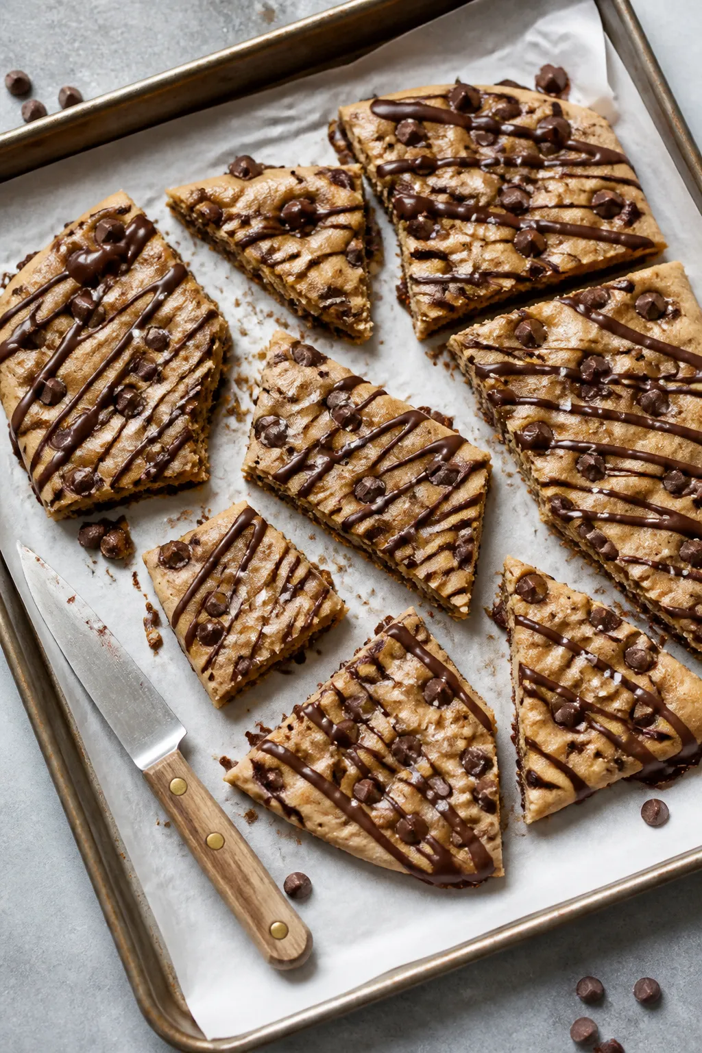 Overhead shot of freshly set cookie dough protein bark on a parchment-lined rimmed baking sheet, bro