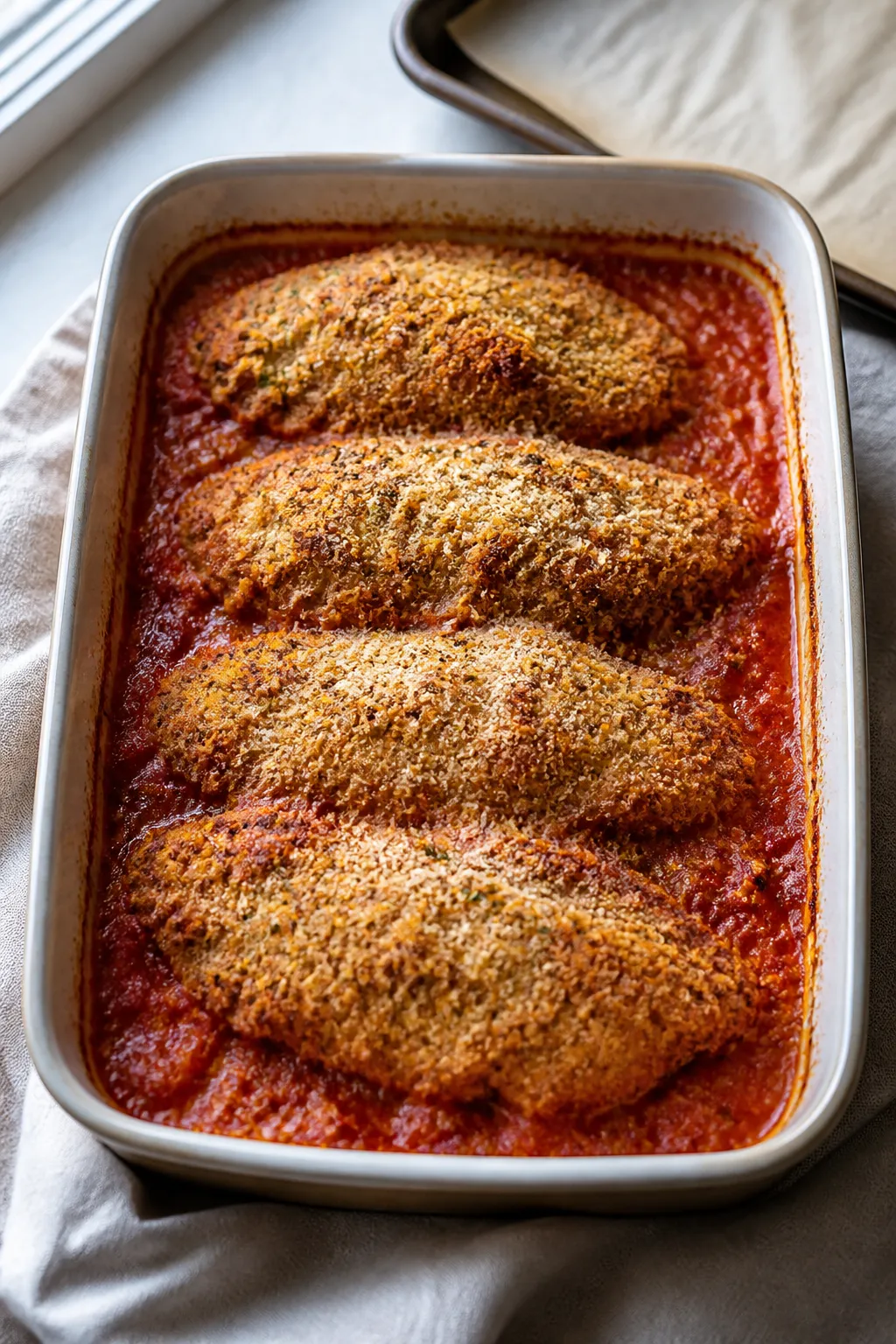 Overhead shot of Healthy Chicken Parmesan Bake mid-process: breaded chicken cutlets just set and cri
