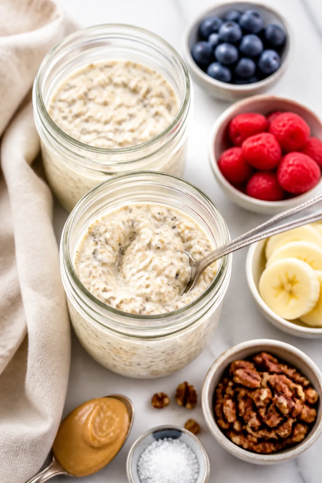 Overhead shot of high-protein overnight oats just after an overnight chill, jars open and ready to s