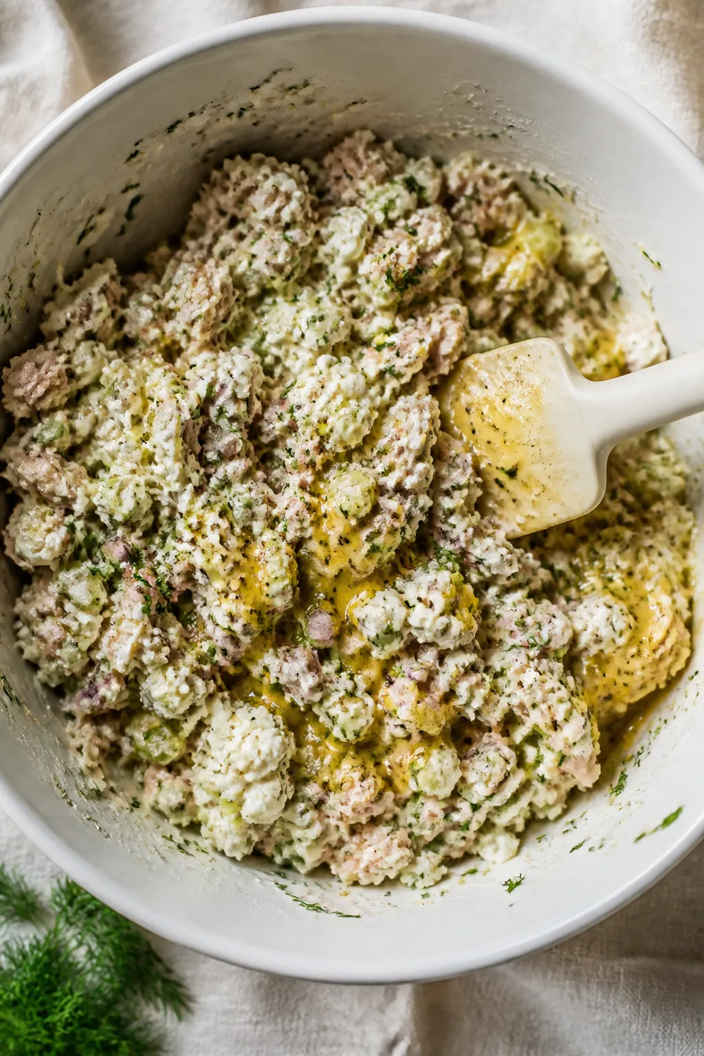 Overhead shot of prepared cottage cheese tuna salad being folded together in a matte white mixing bo