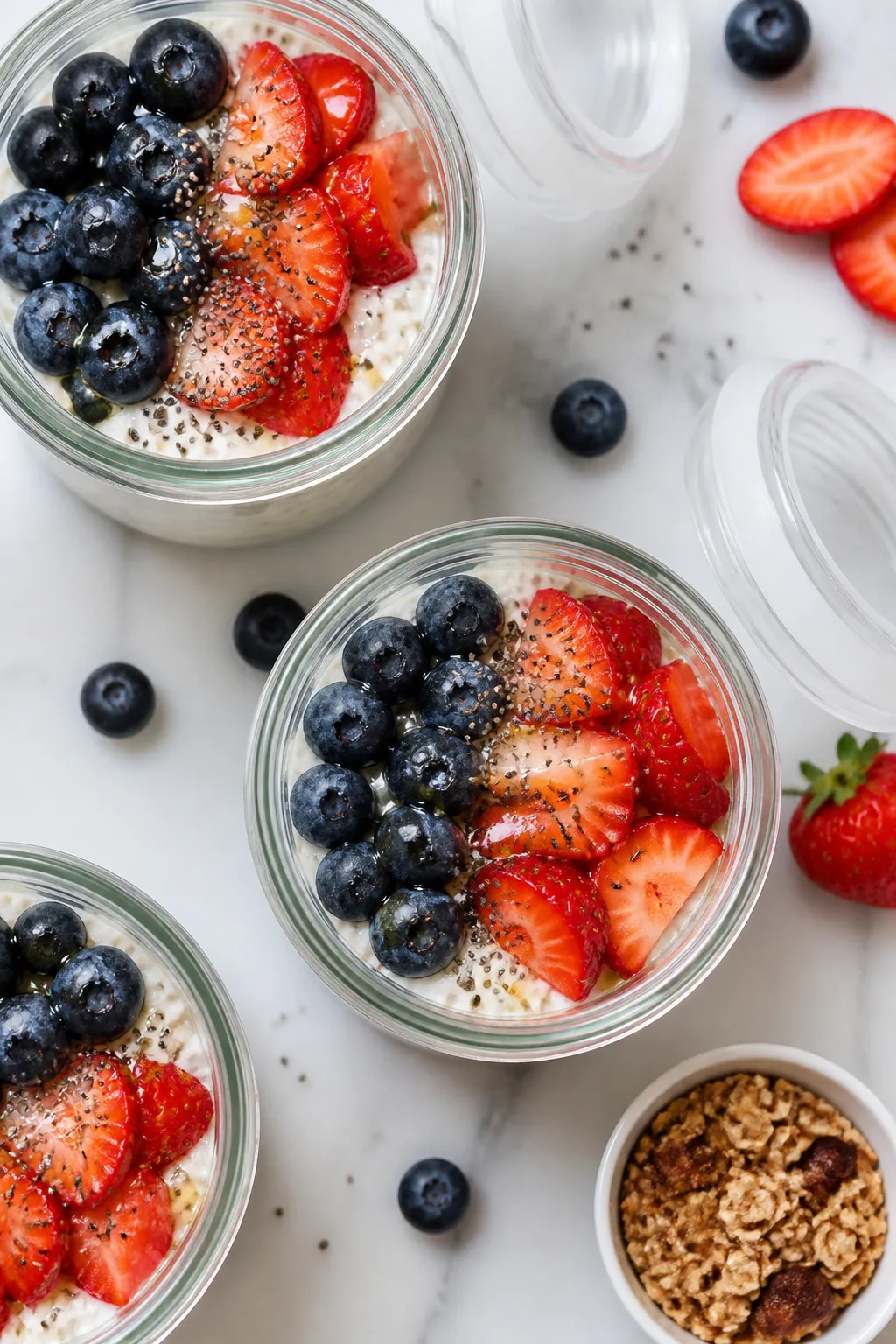 Overhead shot of prepared High Protein Cottage Cheese Snack Cups in small lidded glass jars, sweet v