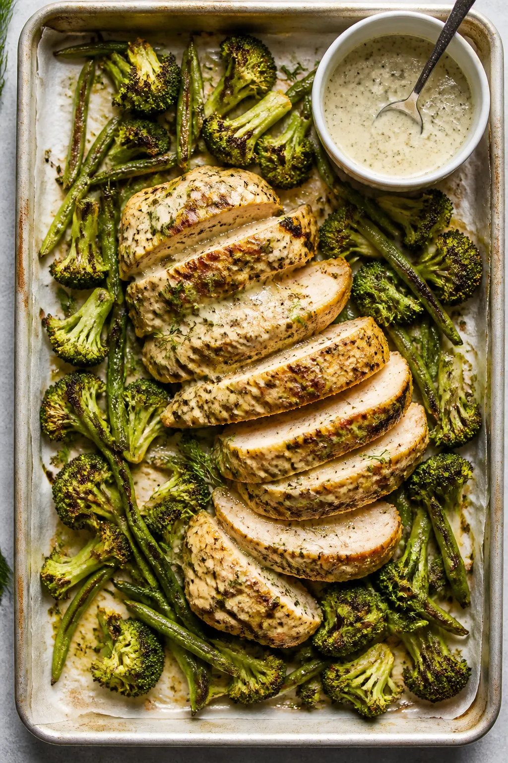Overhead shot of roasted ranch-coated chicken breast slices and browned-edge vegetables fresh out of