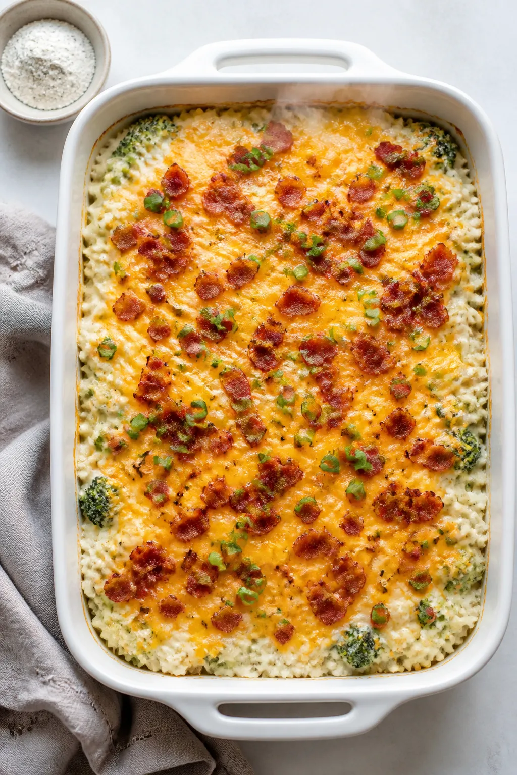 Overhead shot of the baked Low Fat Crack Chicken Casserole just out of the oven in a 9x13 white cera