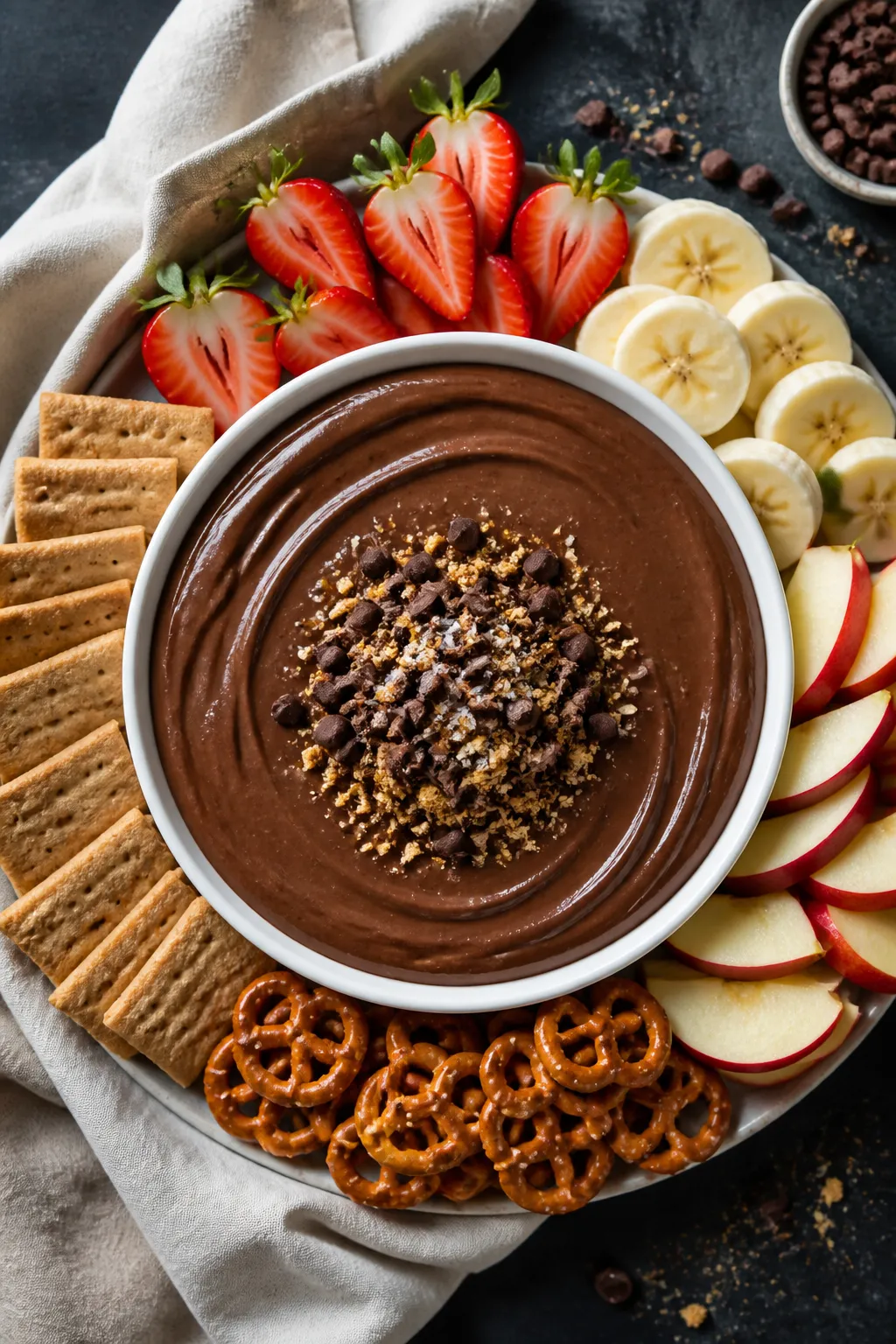 Overhead shot of the finished Cottage Cheese Chocolate Cheesecake Dip in a matte white shallow bowl,