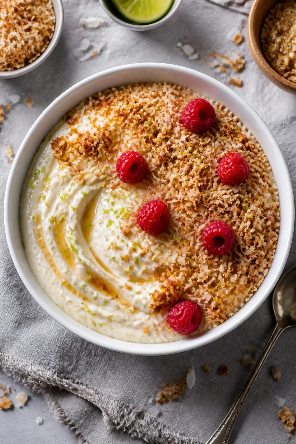 Overhead shot of the finished Cottage Cheese Coconut Cream Pie Bowl, silky blended base swirled in a