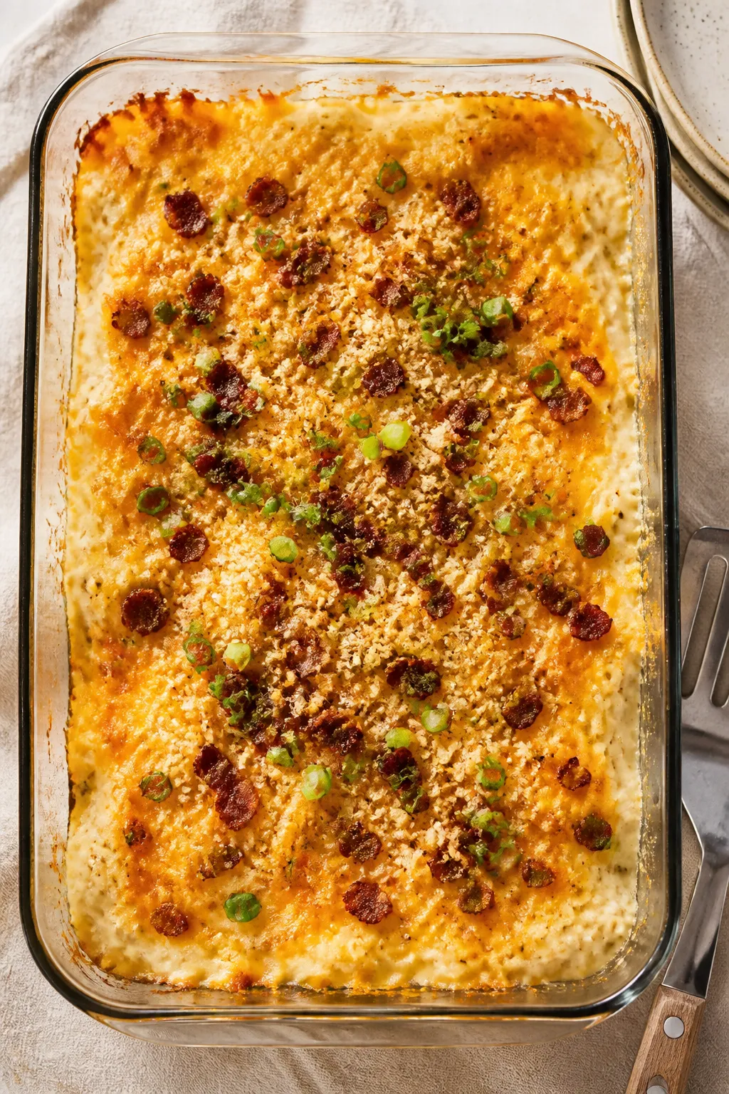 Overhead shot of the Low Fat Crack Chicken Casserole just out of the oven in a 9x13 baking dish: bub