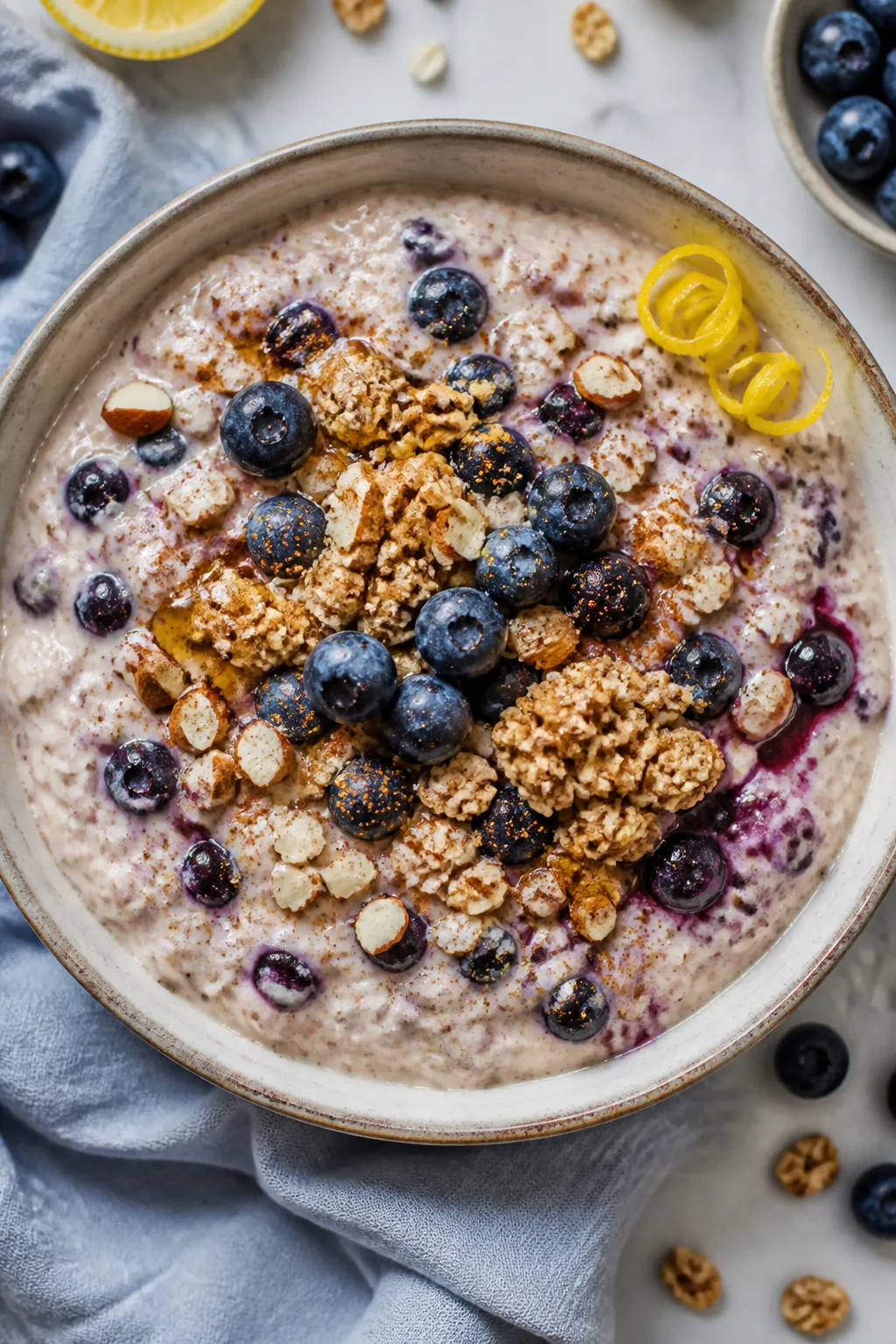 Overhead shot of the prepared Cottage Cheese Blueberry Muffin Protein Bowl after its brief rest: thi