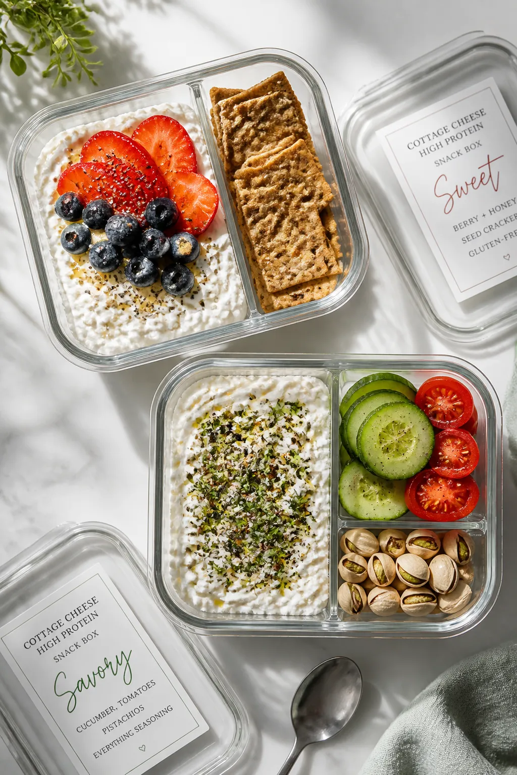 Overhead shot of two assembled Cottage Cheese High Protein Snack Boxes, one sweet and one savory, in