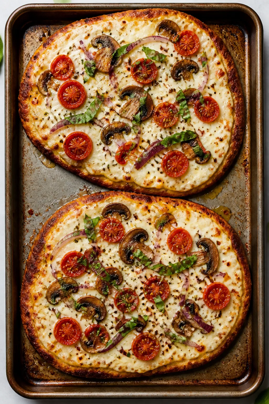 Overhead shot of two cottage cheese flatbread pizzas just out of the oven on a preheated sheet pan, 