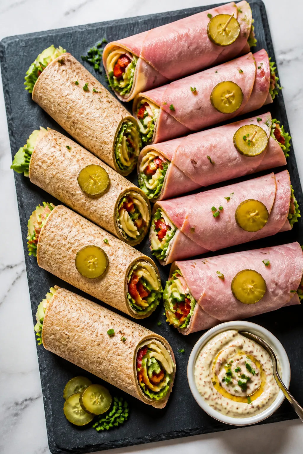 Overhead top-down presentation shot of full roll-ups, some with whole-wheat tortillas and some low-c