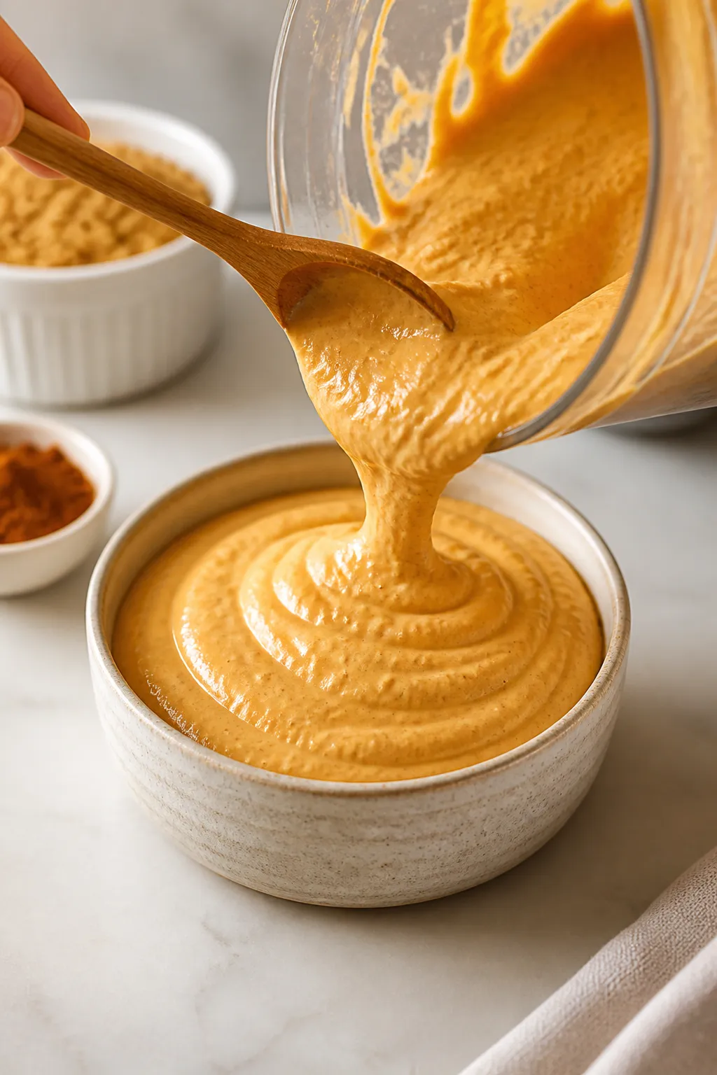 Process close-up: the blended pumpkin-cottage cheese base being spooned silkily into a small bowl fr