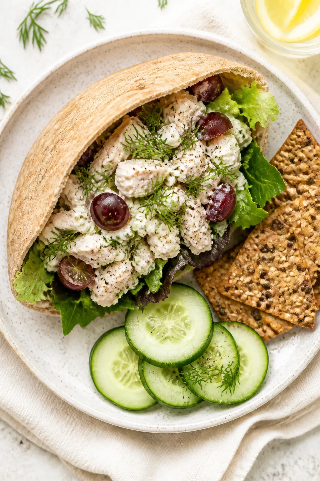 Tasty top-down final presentation: Overhead shot of Cottage Cheese Chicken Salad piled into a warm w