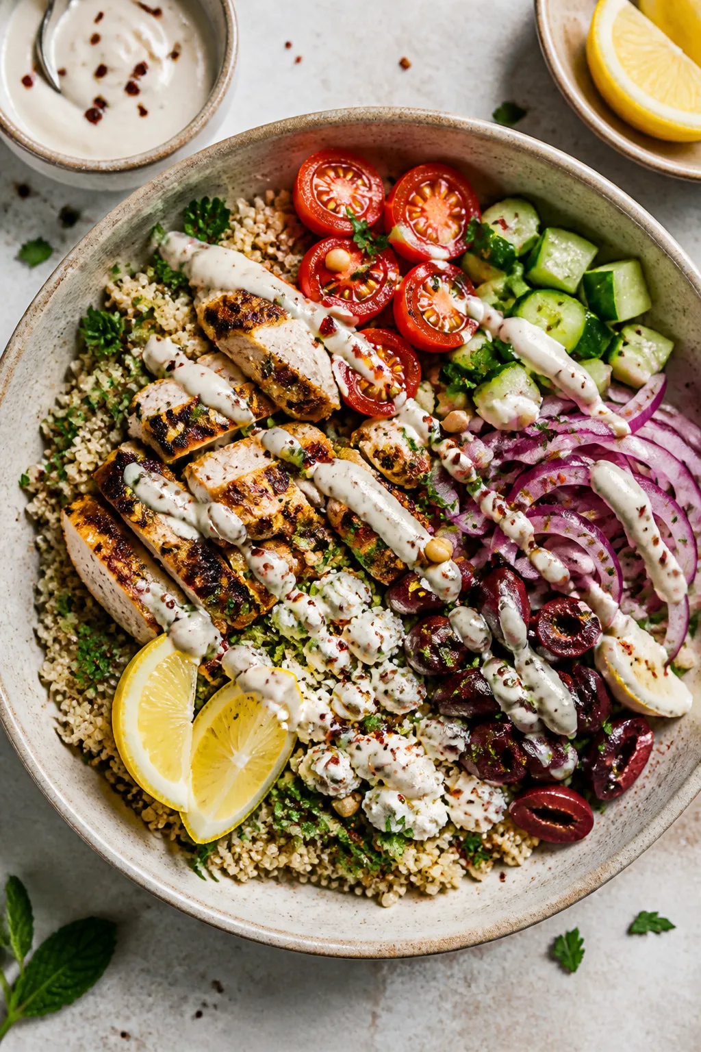 Tasty top view final bowl: Overhead shot of a High Protein Mediterranean Chicken Bowl—fluffy herbe