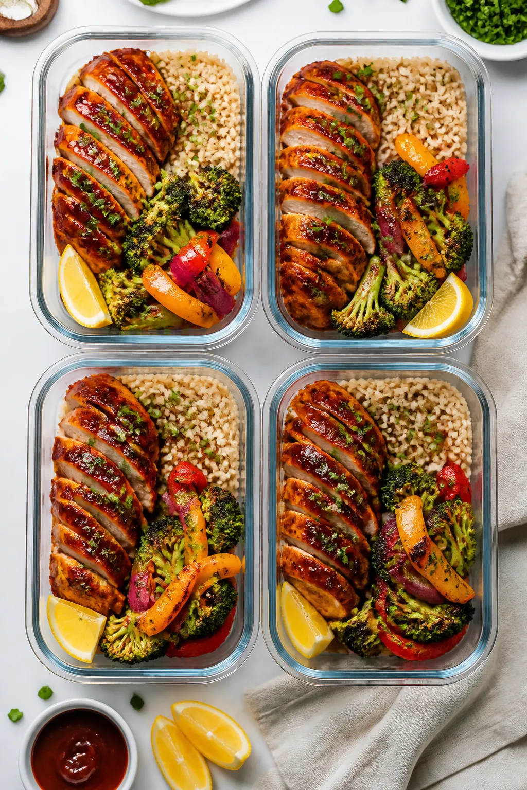 Tasty top-view final meal prep: Overhead shot of assembled High Protein BBQ Chicken Meal Prep in nea