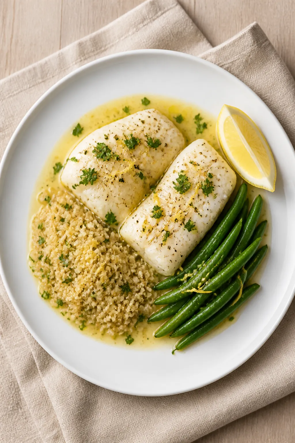 Tasty top view final plate: Overhead shot of Low Fat Lemon Garlic Cod plated restaurant-style—two 