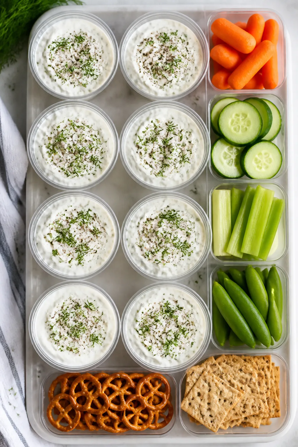 Tasty top view final presentation: Overhead shot of assembled high-protein cottage cheese ranch dip 
