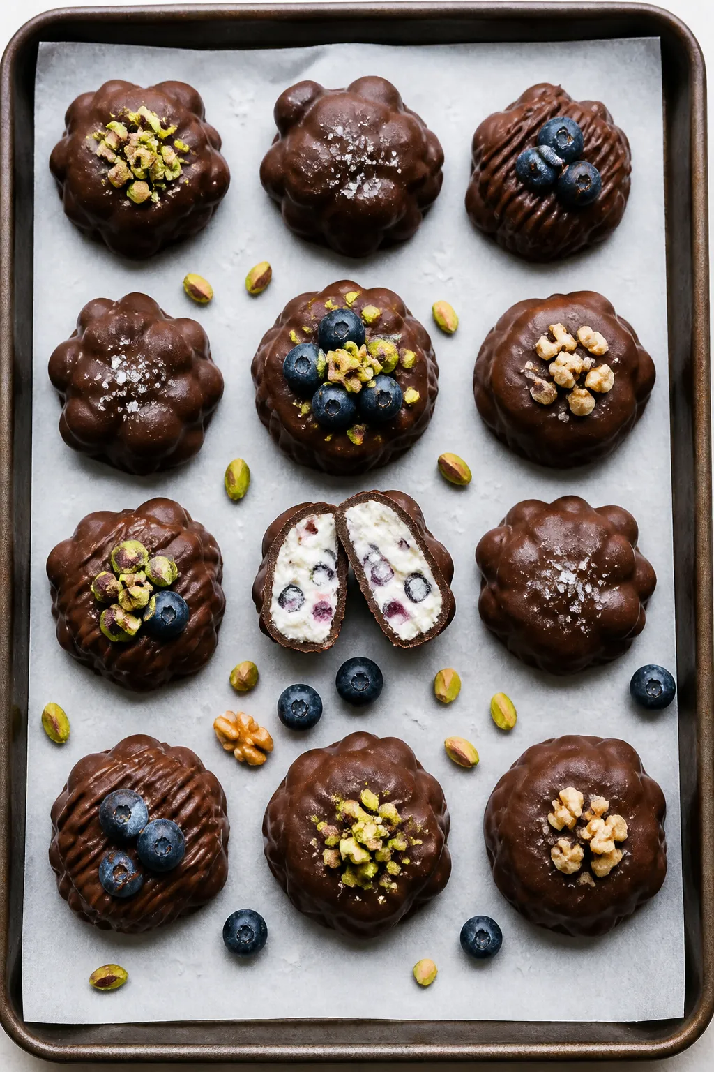 Tasty top view: Overhead shot of a sheet pan lined with parchment holding 10–12 uniformly sized fr