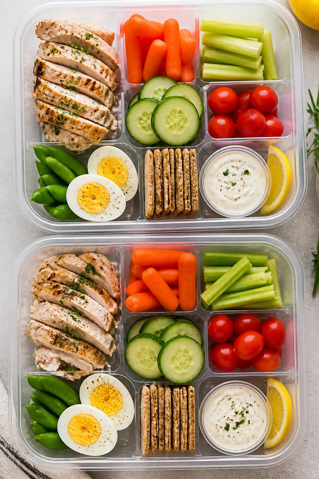 Tasty top view: Overhead shot of assembled High Protein Ranch Chicken Snack Boxes in clear meal-prep